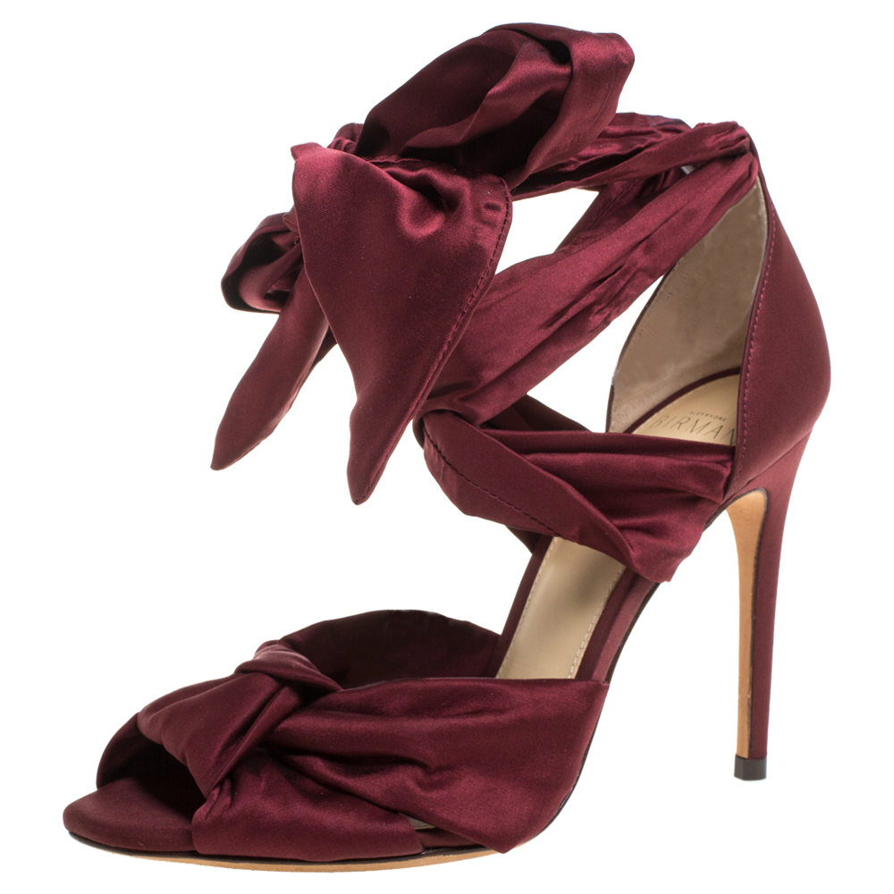 Image of Alexandre Birman Burgundy Satin Katherine Ankle Wrap Sandals Size