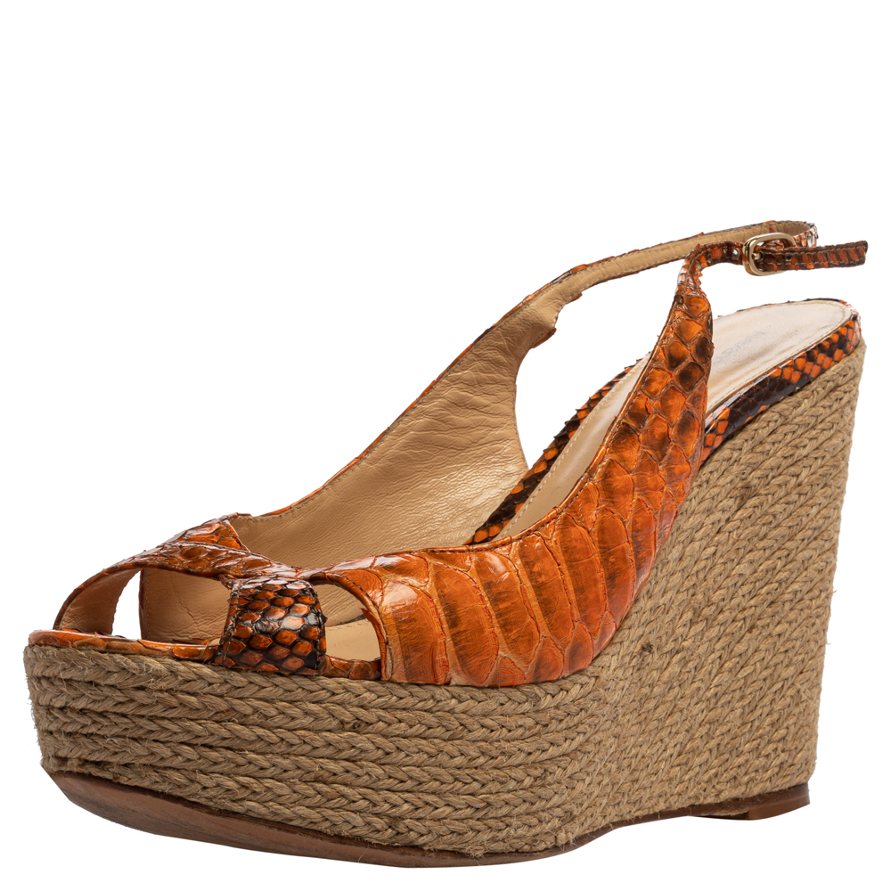 Image of Alexandre Birman Orange Python Leather Wedge Slingback Sandals Size .
