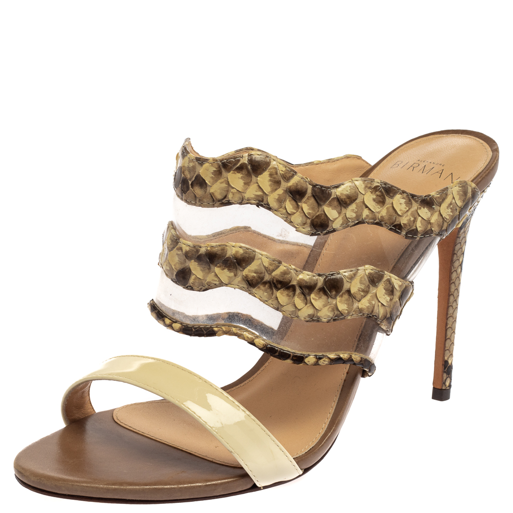 Alexandre Birman Cream/Brown Python, PVC And Leather Sandals Size 38