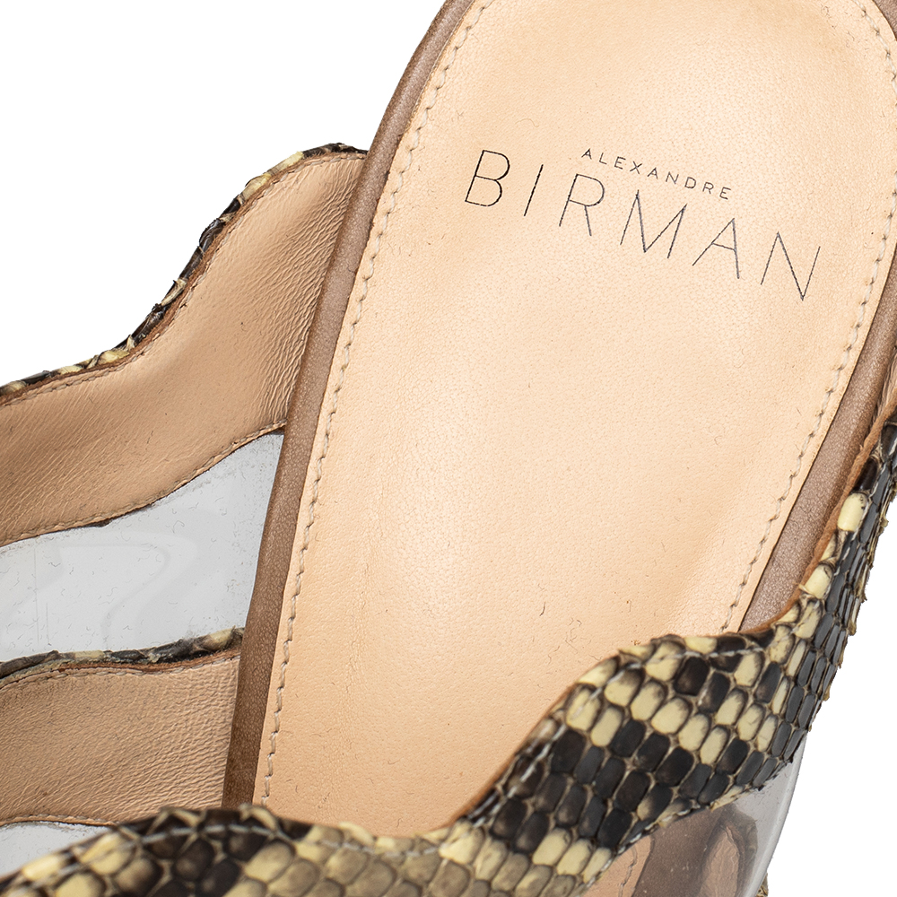 Alexandre Birman Beige/Brown Patent Leather And Python Open Toe Slide Sandals Size 39