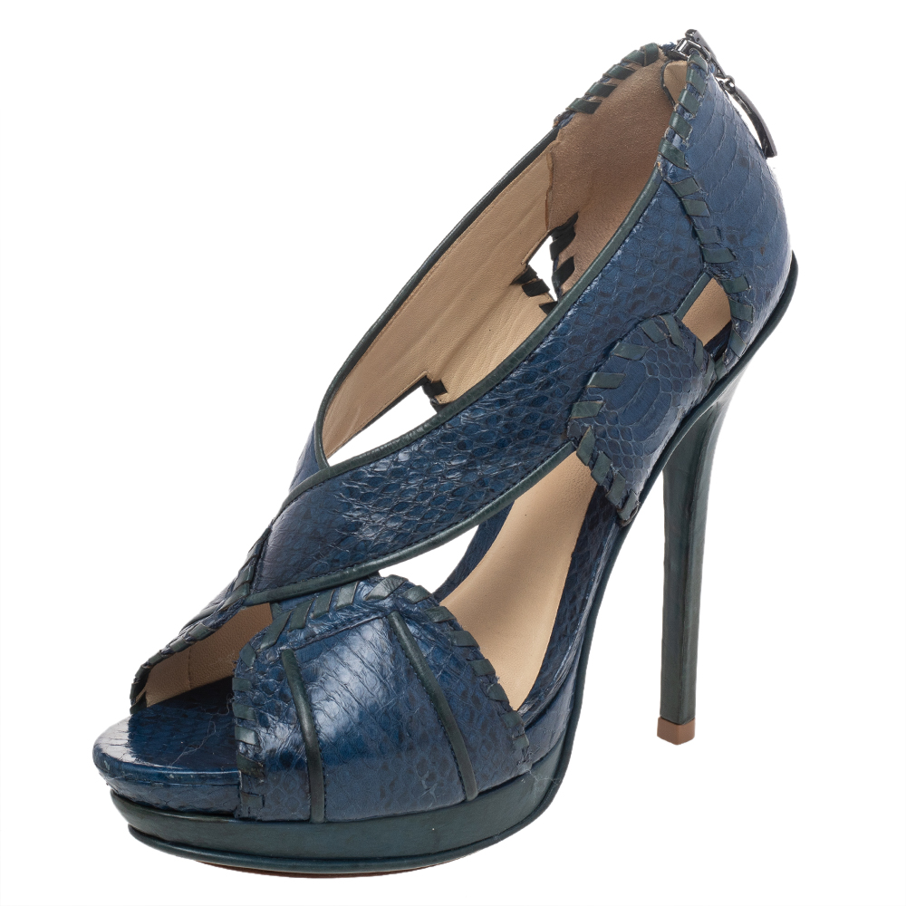 Alexandre Birman Blue/Green Python And Leather Peep Toe Platform Pumps Size 38