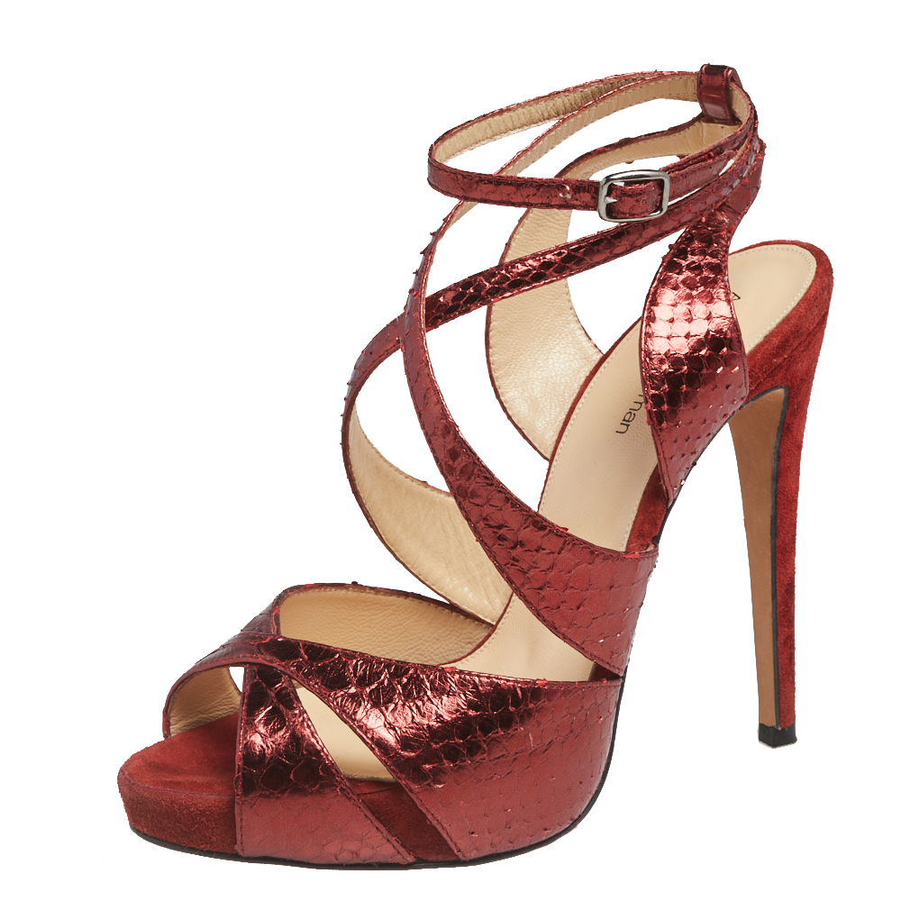 Alexandre Birman Burgundy Python Leather And Suede Ankle Strap Sandals Size 36