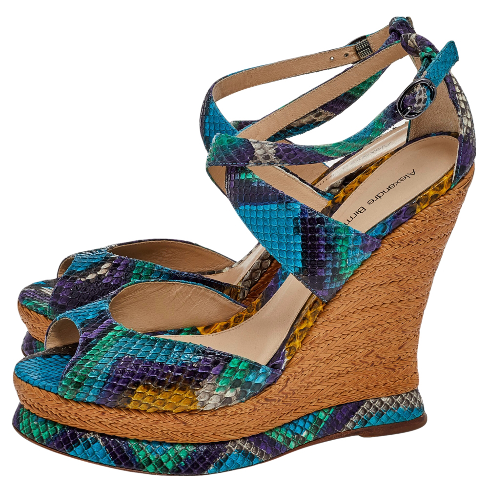 Alexandre Birman Multicolor Python Wedge Platform Ankle Strap Sandals Size 39.5