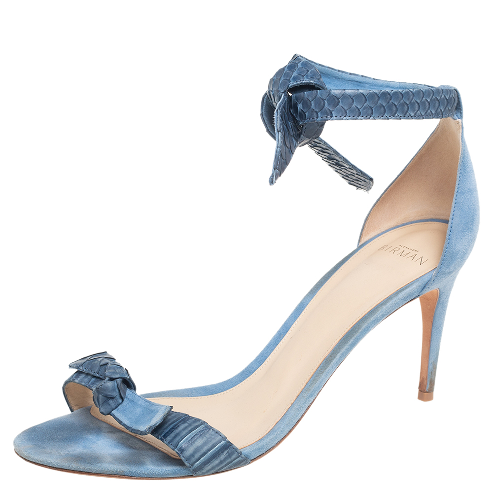 Alexandre Birman Blue Snakeskin Leather And Suede Clarita Ankle-Tie Sandals Size 40