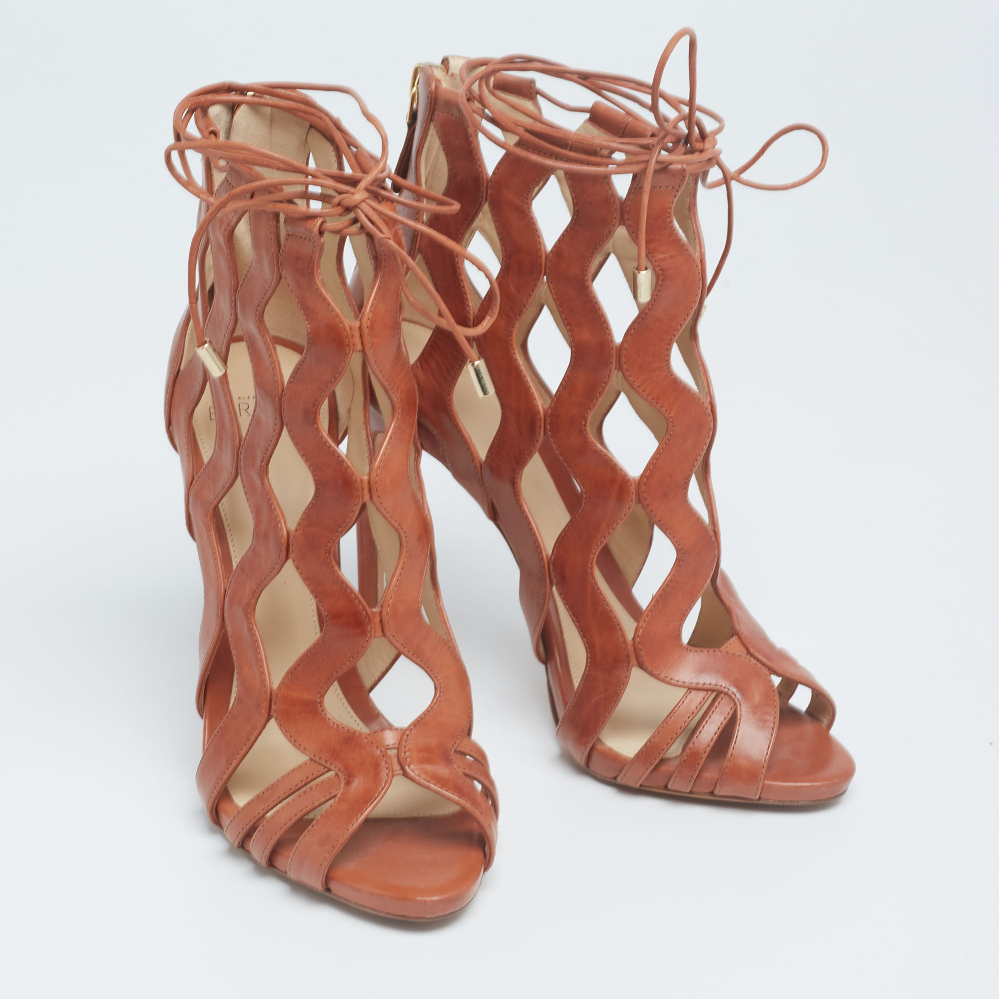 Alexandre Birman Brown Cut-Out Leather Loretta Ankle Booties Size 35.5