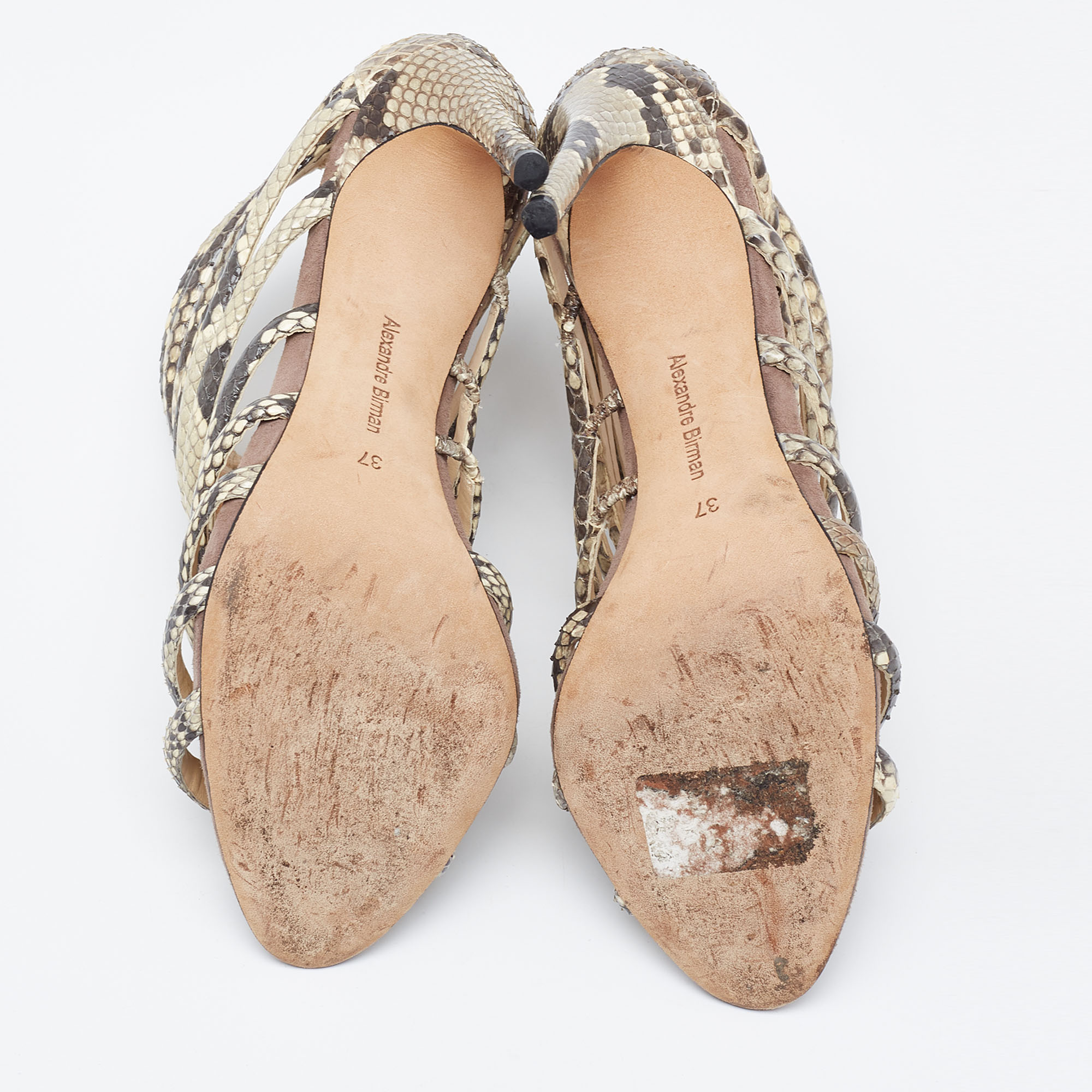Alexandre Birman Brown/Beige Python Embossed Leather Caged Zipper Sandals Size 37