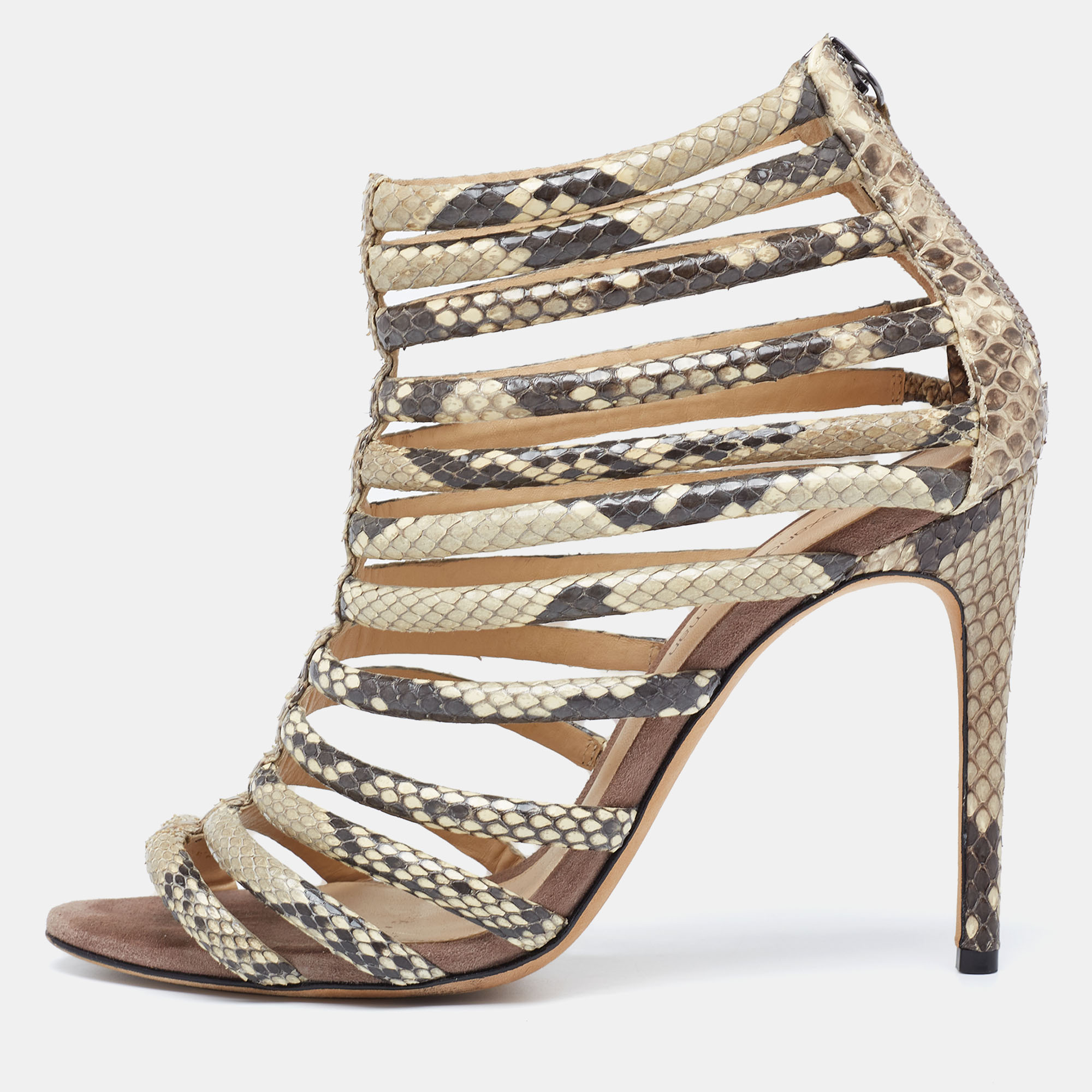 Alexandre birman brown/beige python embossed leather caged zipper sandals size 37