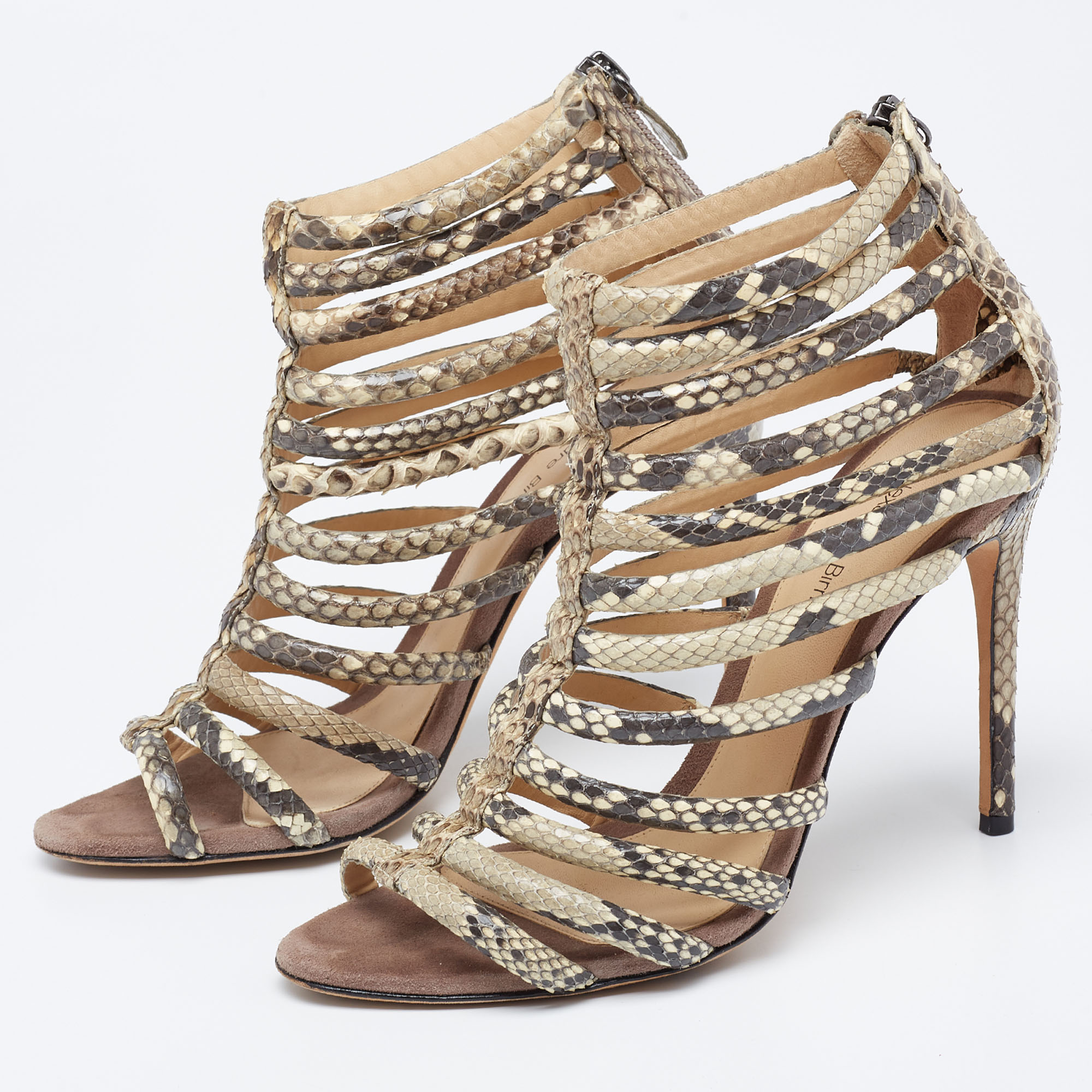 Alexandre Birman Brown/Beige Python Embossed Leather Caged Zipper Sandals Size 37