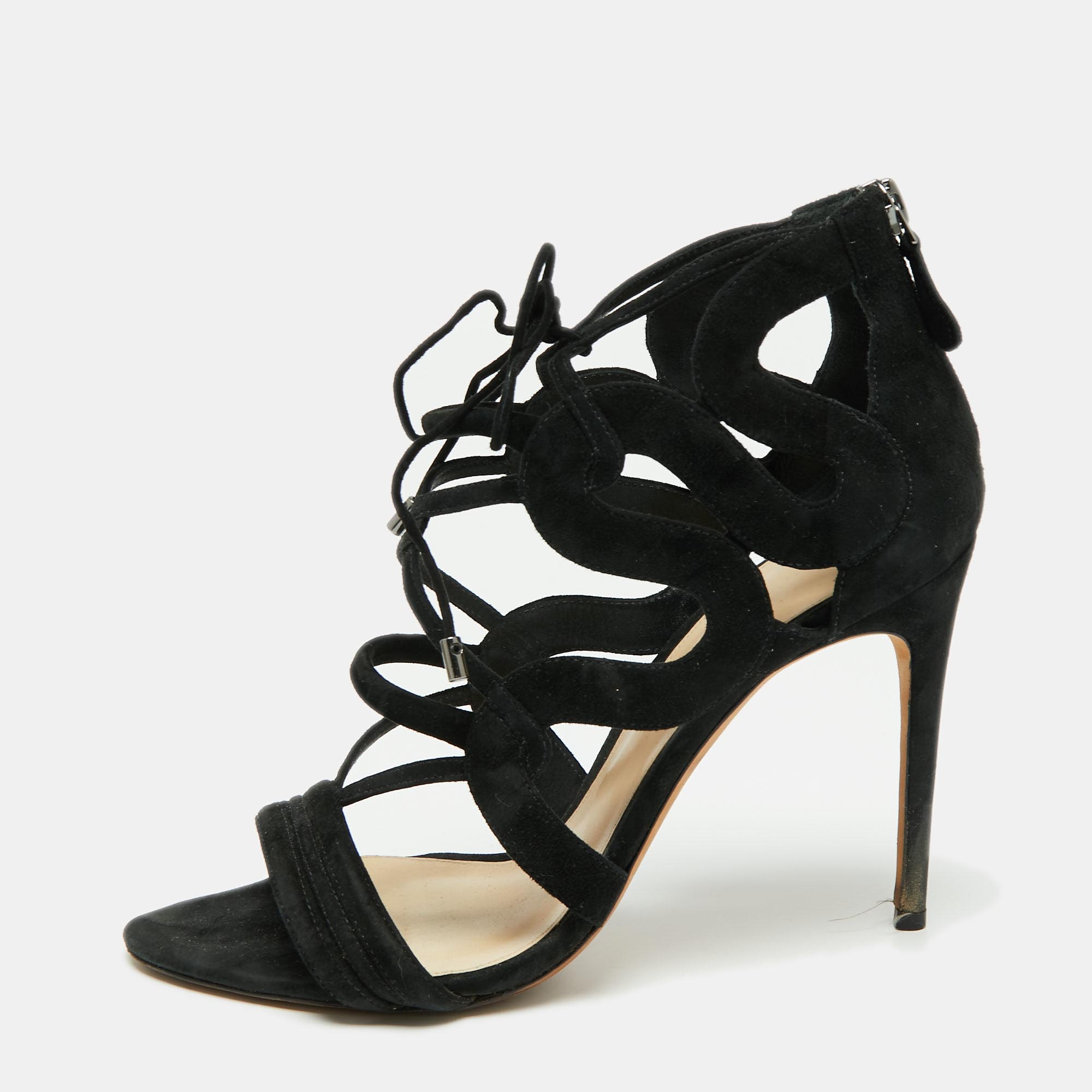 Alexandre birman black suede elenara ankle strappy tie up sandals size 39.5