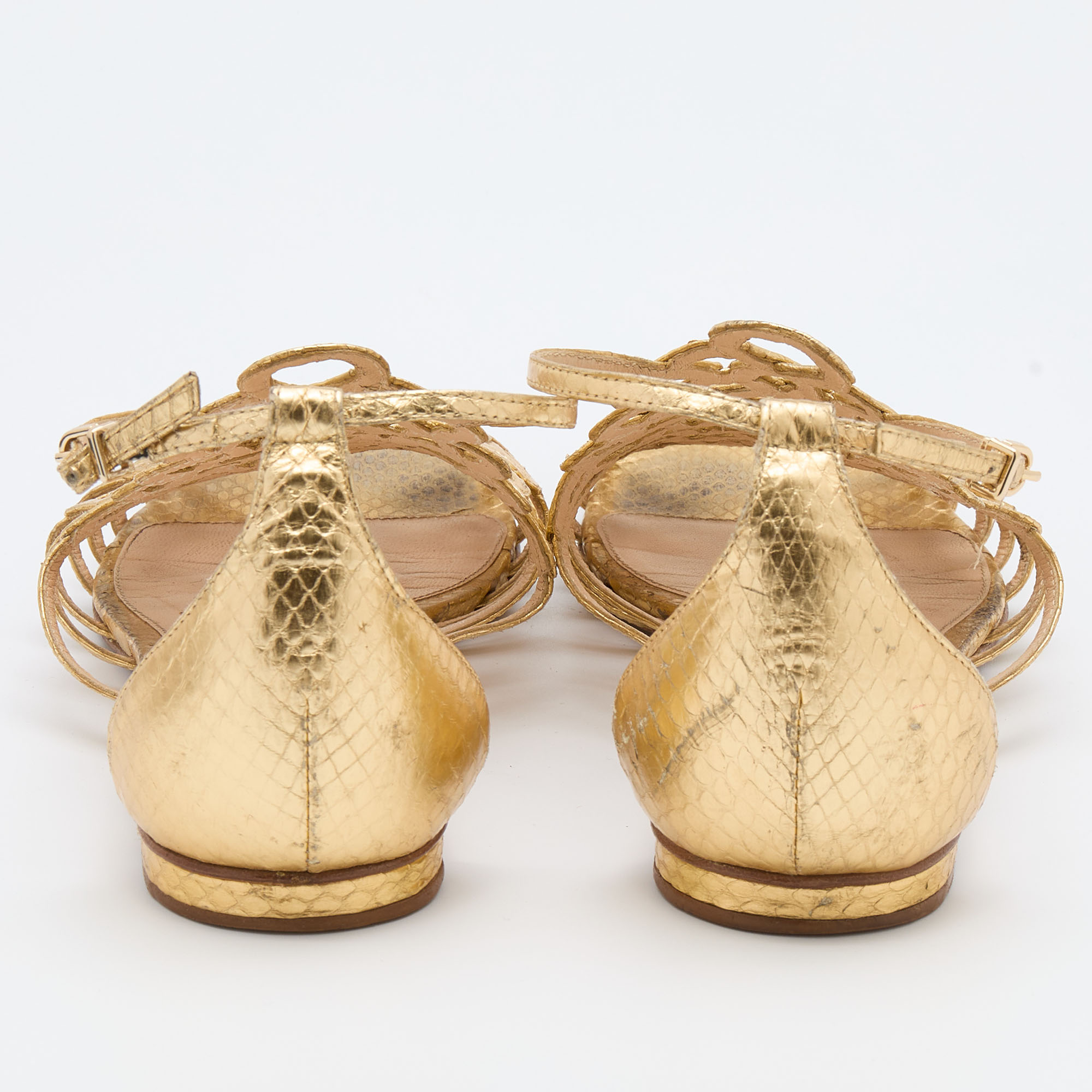 Alexandre Birman Gold Leather Strappy Flat Sandals Size 38