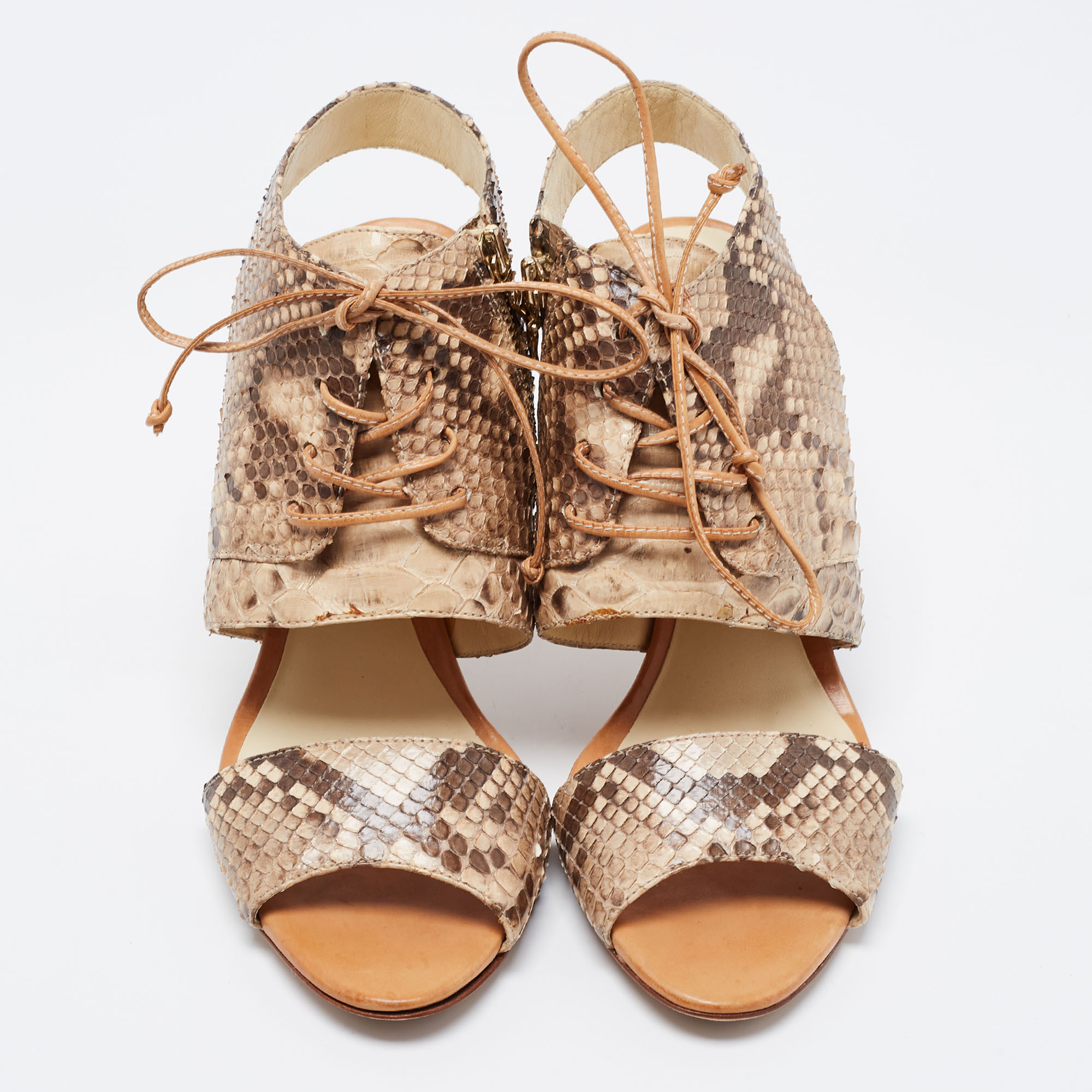 Alexandre Birman Beige/Brown Snakeskin Lace Up Sandals Size 39.5