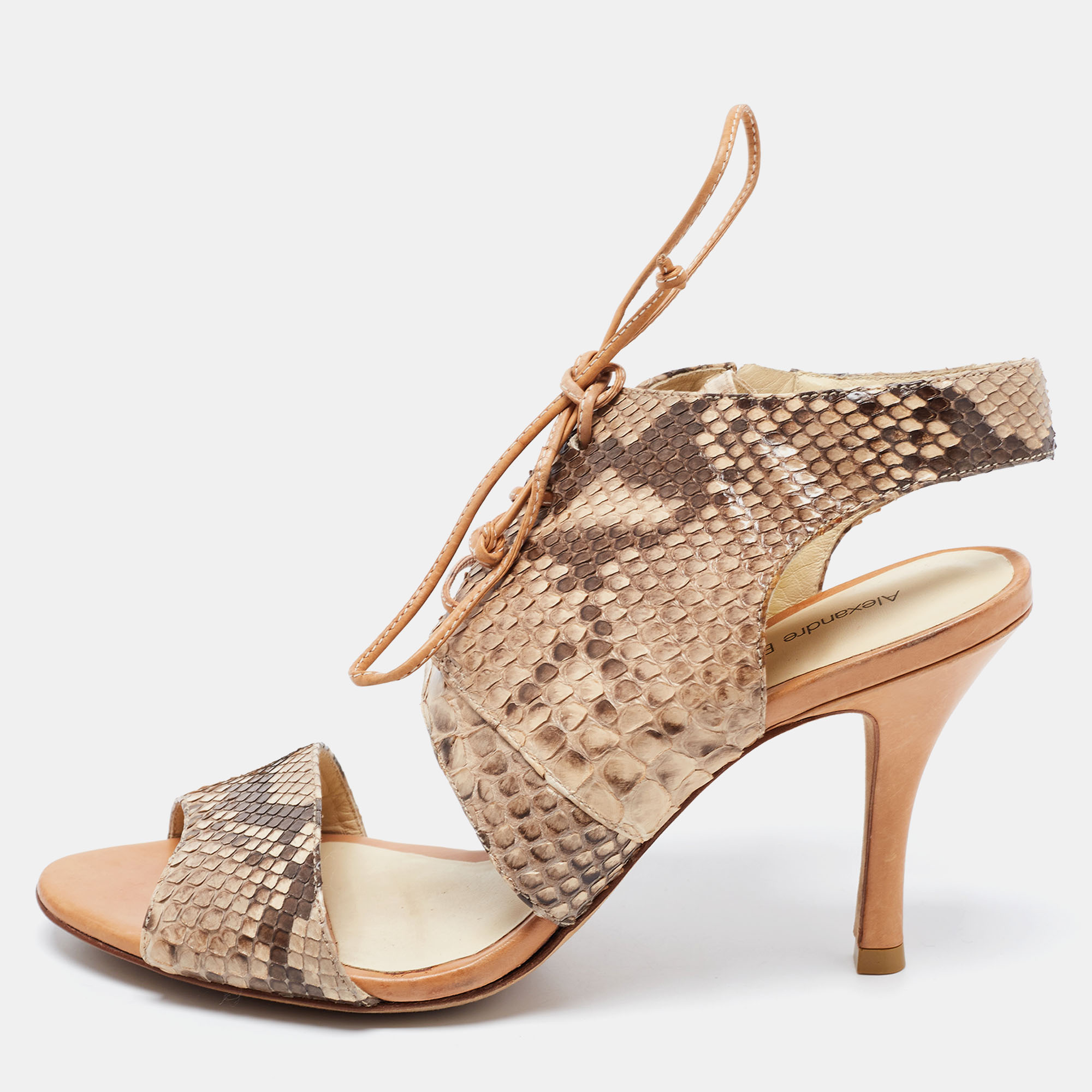 Alexandre Birman Beige/Brown Snakeskin Lace Up Sandals Size 39.5