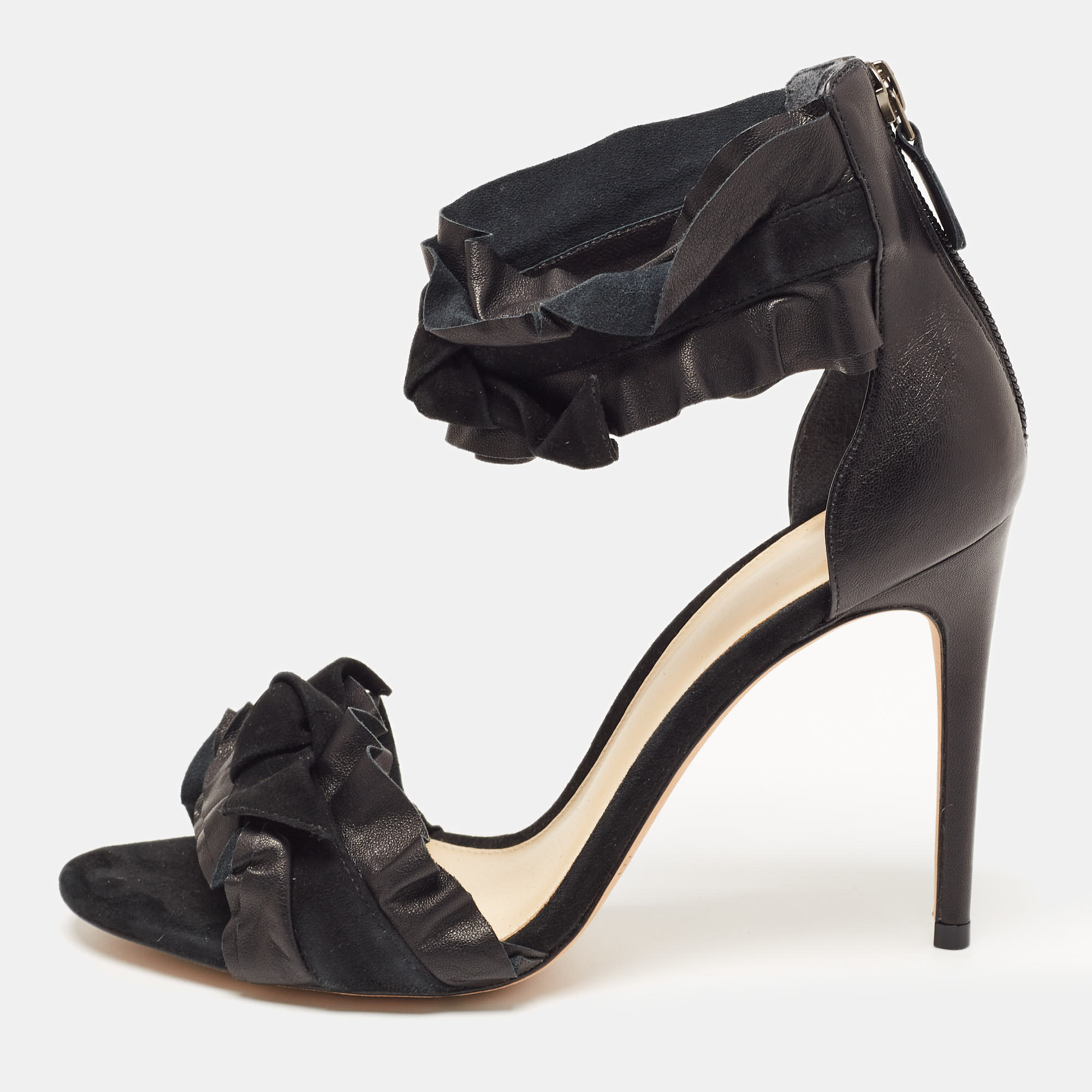 Alexandre Birman Black Leather And Suede Ruffle Ankle Wrap Sandals Size 38