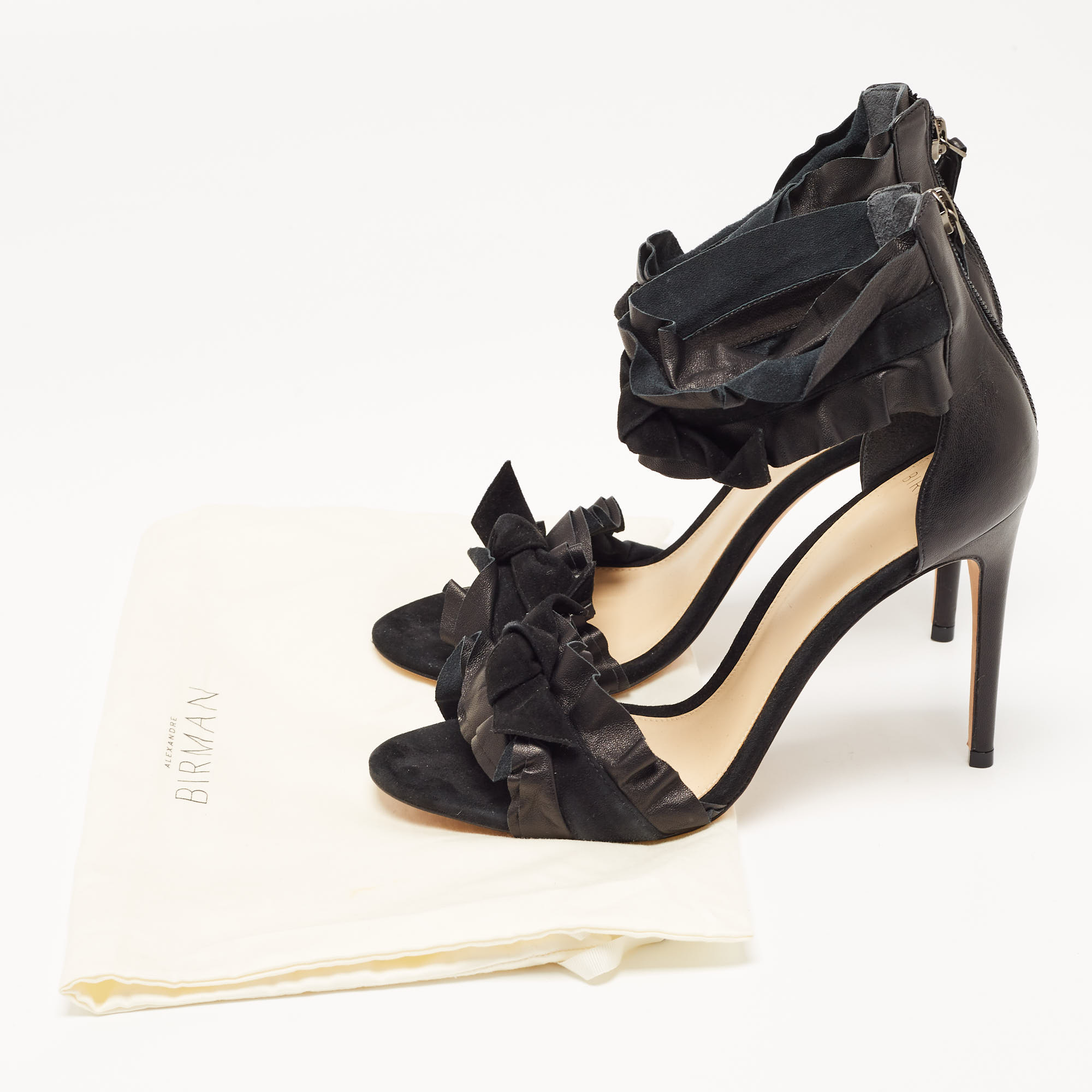 Alexandre Birman Black Leather And Suede Ruffle Ankle Wrap Sandals Size 38