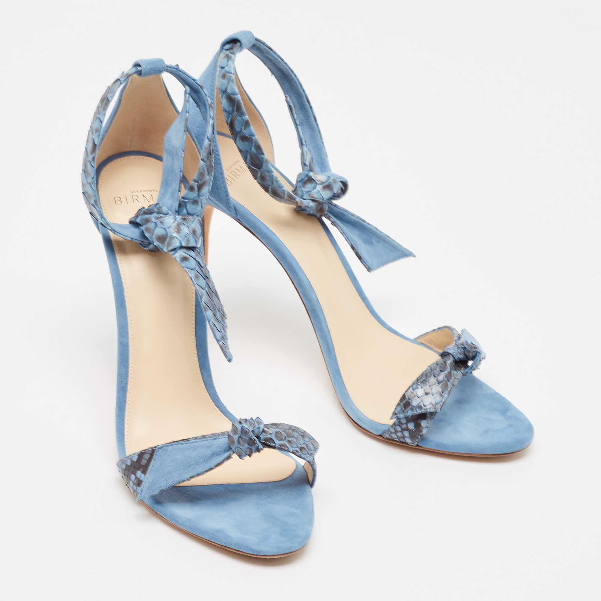 Alexandre Birman Blue Suede And Python Clarita Ankle Wrap Sandals Size 39.5