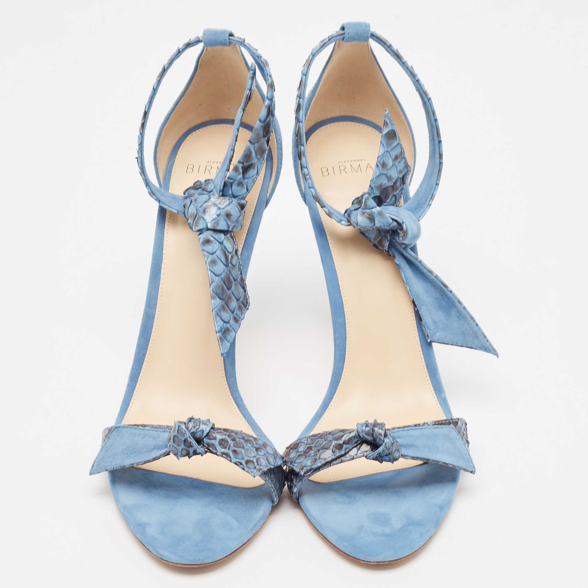 Alexandre Birman Blue Suede And Python Clarita Ankle Wrap Sandals Size 39.5