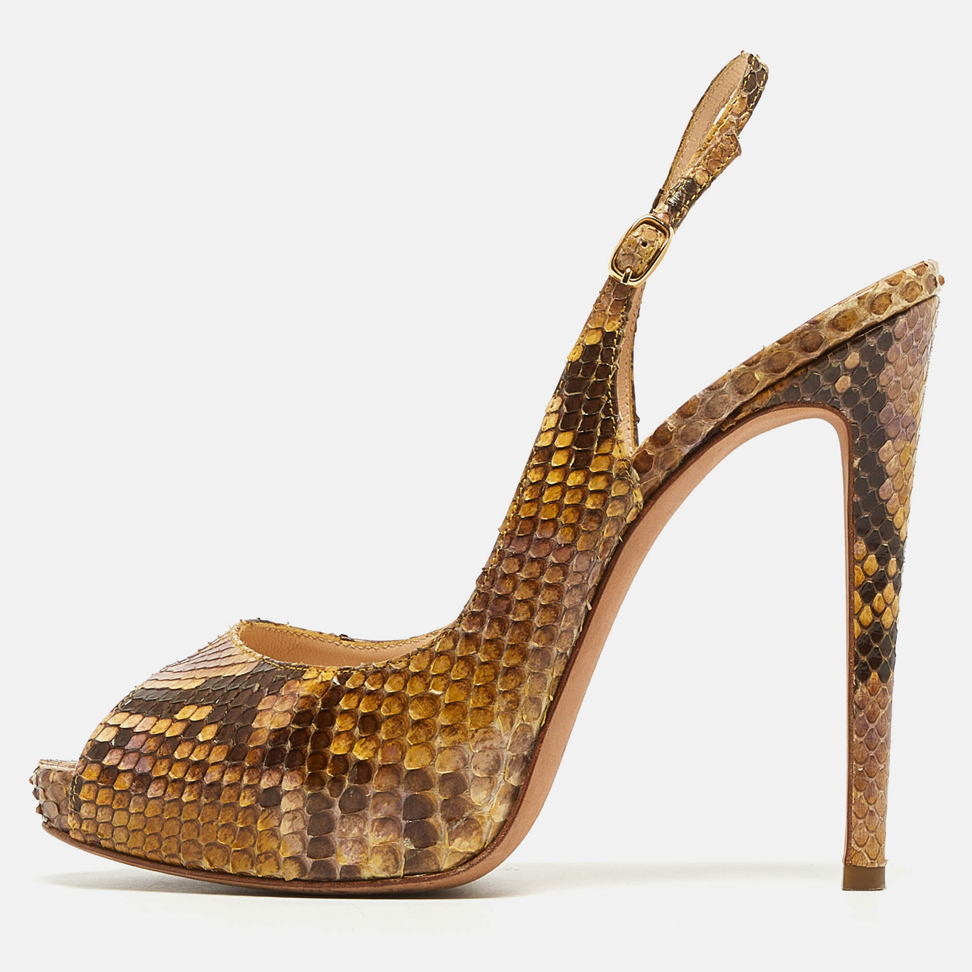 Alexandre birman yellow/brown snakeskin peep toe slingback pumps size 37