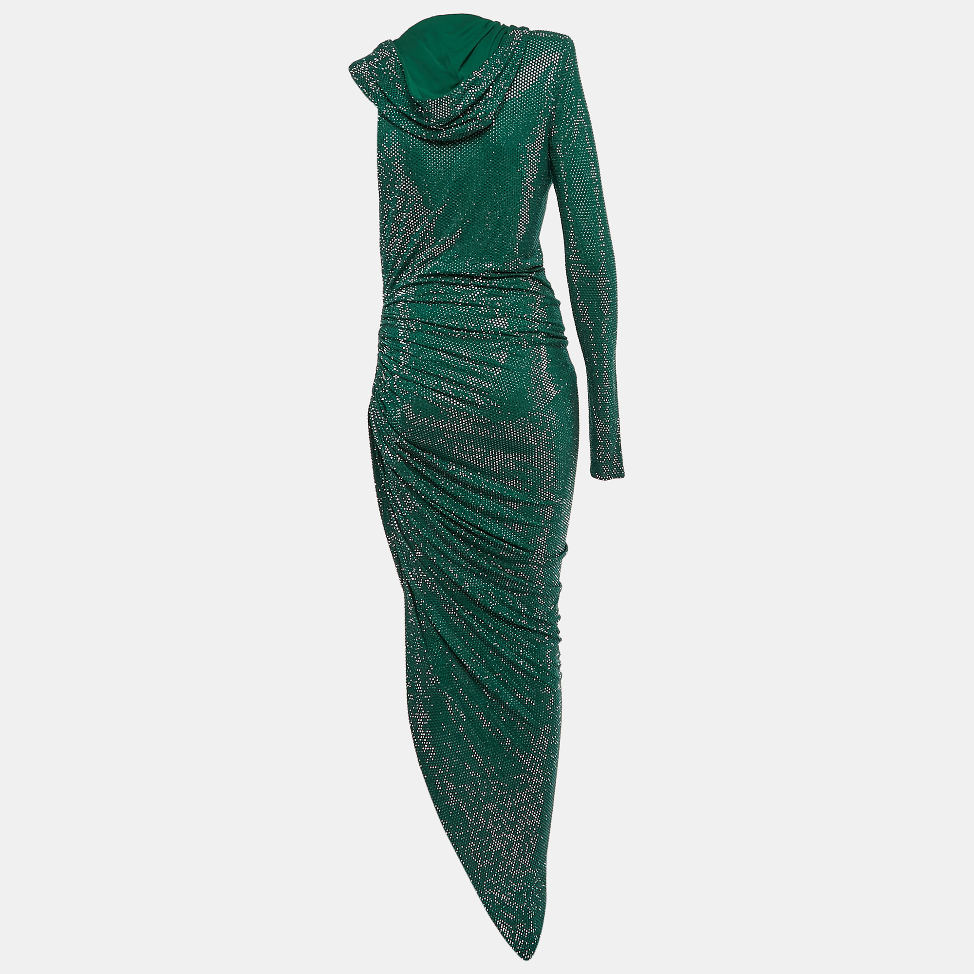 Alexandre Vauthier Green Crystallized Jersey Asymmetric Hooded Dress M