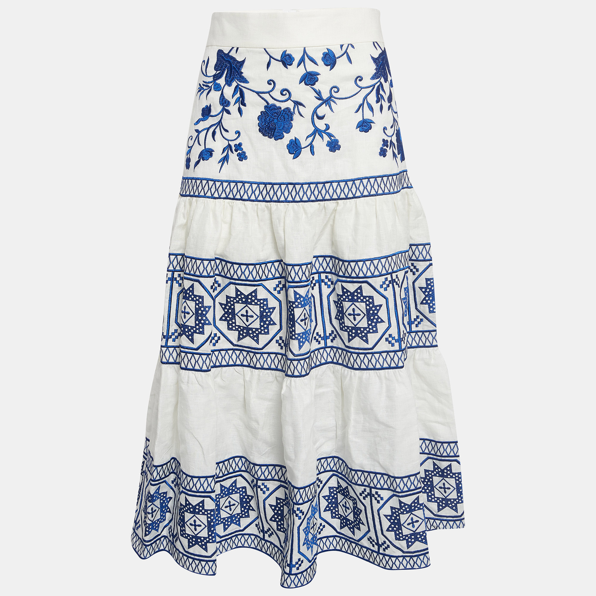 Alexis white/blue embroidered linen midi skirt s
