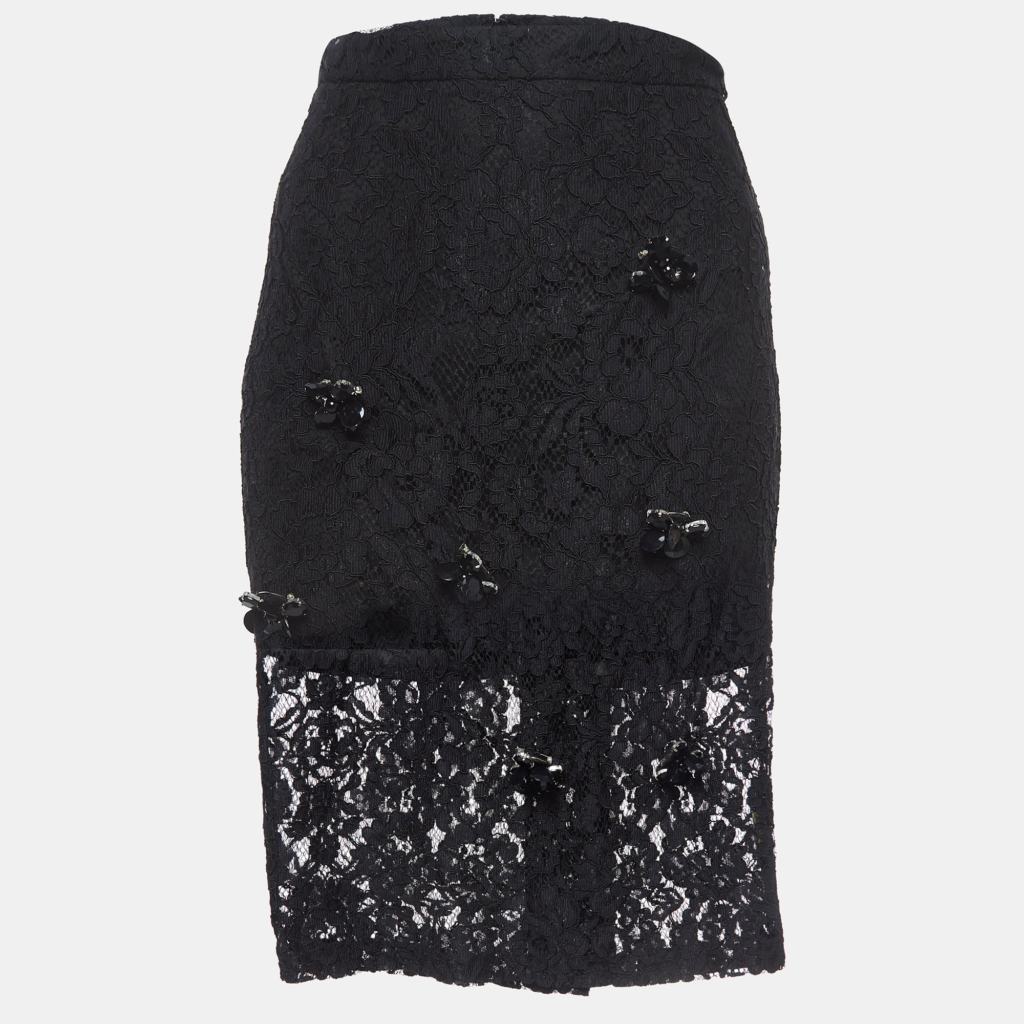Alexis black brooch embellished lace pencil skirt m