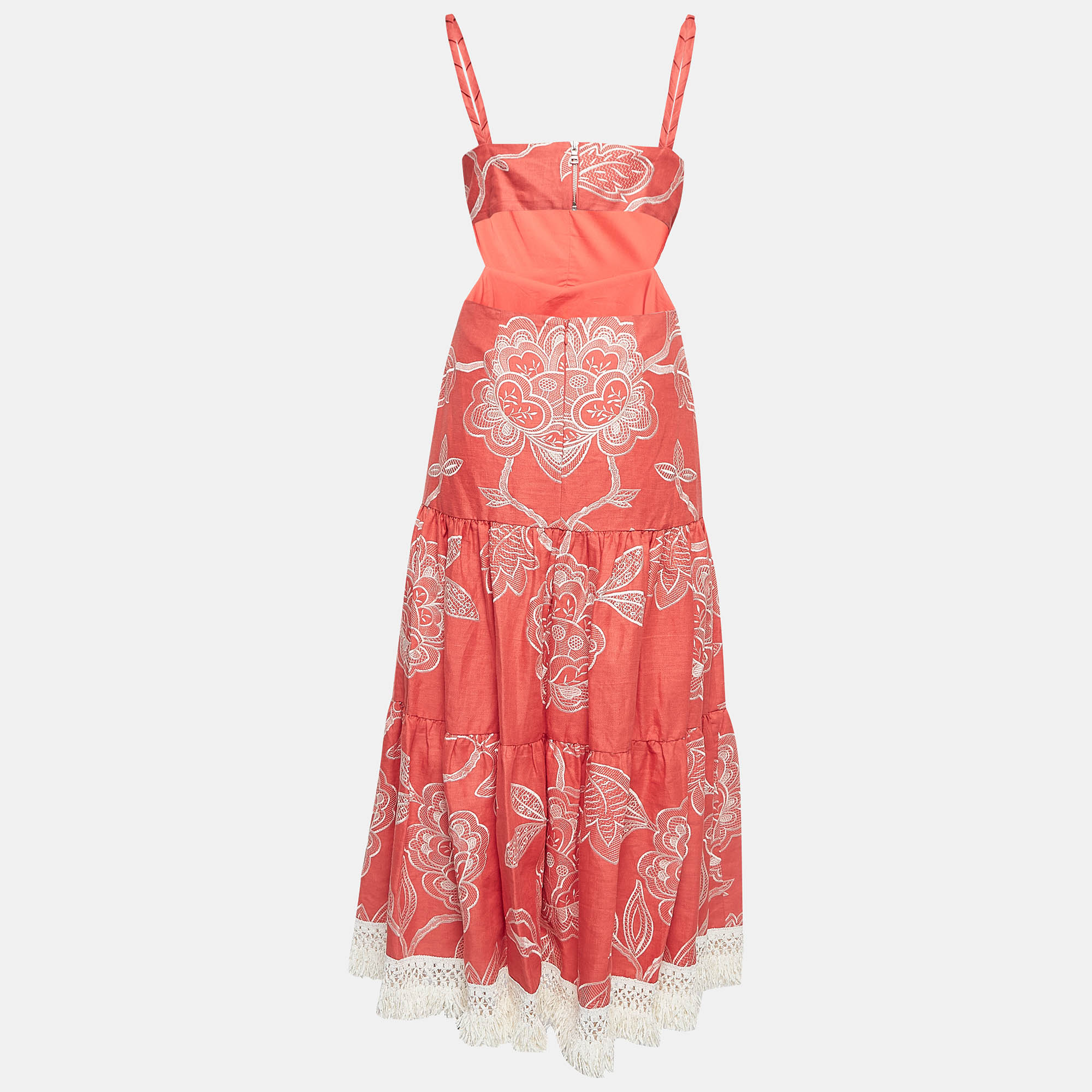 Alexis Coral Orange Embroidered Cotton Midi Dress S