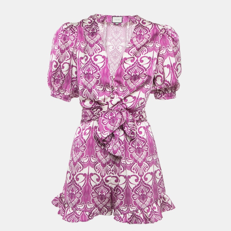 Alexis purple printed satin knotted romper jumpsuit xs