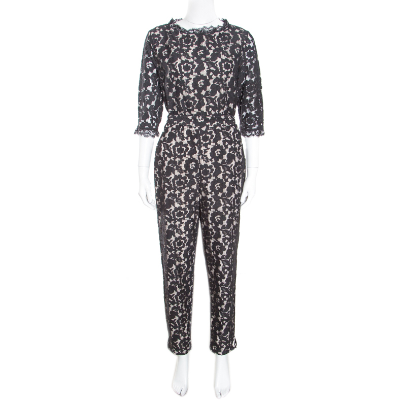 Image of Alice by Temperley Black Floral Lace Belted Eros Jumpsuit L