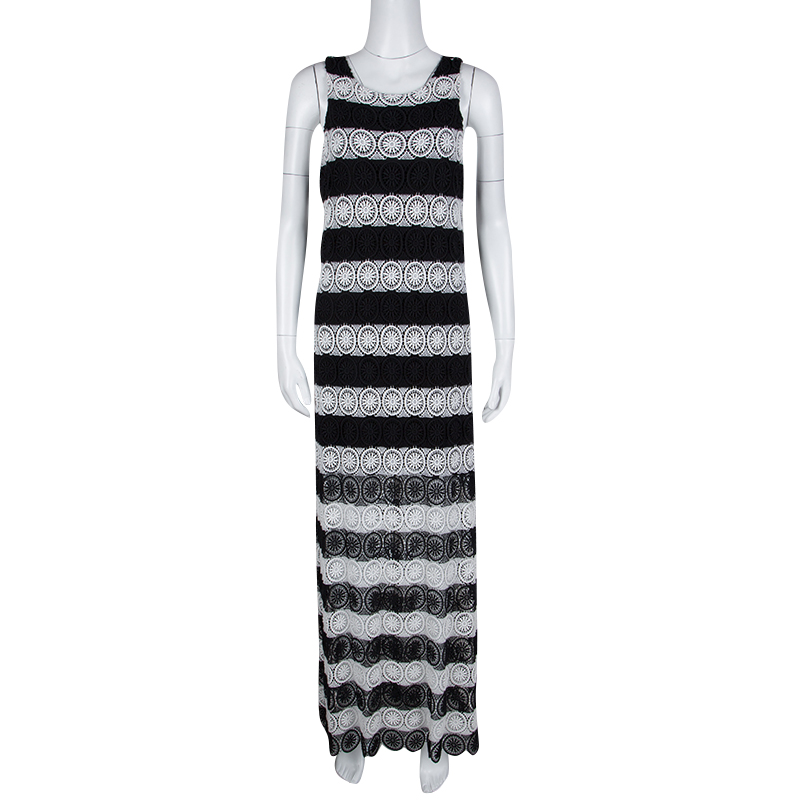 

Alice + Olivia Monochrome Striped Crochet Lace Sleeveless Lucia Maxi Dress, Black