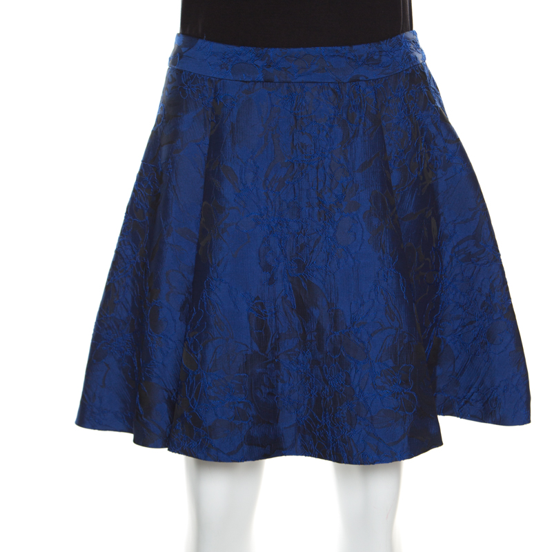 Image of Alice + Olivia Cobalt Blue Floral Patterned Brocade Vernon Skater Skirt S