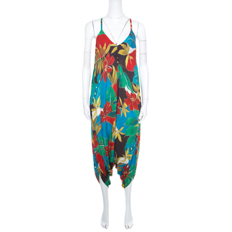 Image of Alice + Olivia Multicolor Hibiscus Printed Racerback Frankie Harem Jumpsuit S