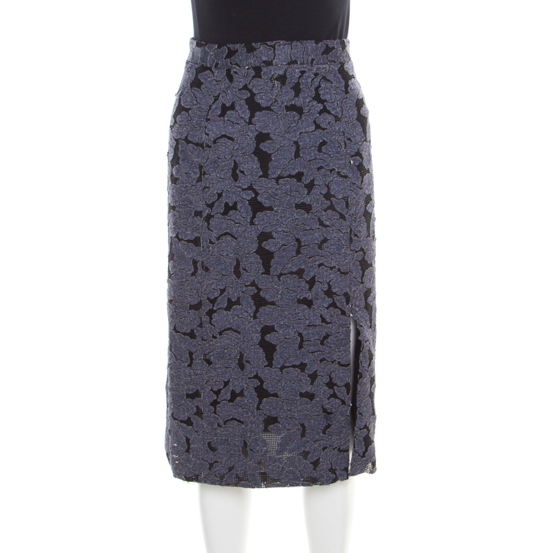 Image of Alice + Olivia Indigo Floral Denim Applique Midi Skirt XS