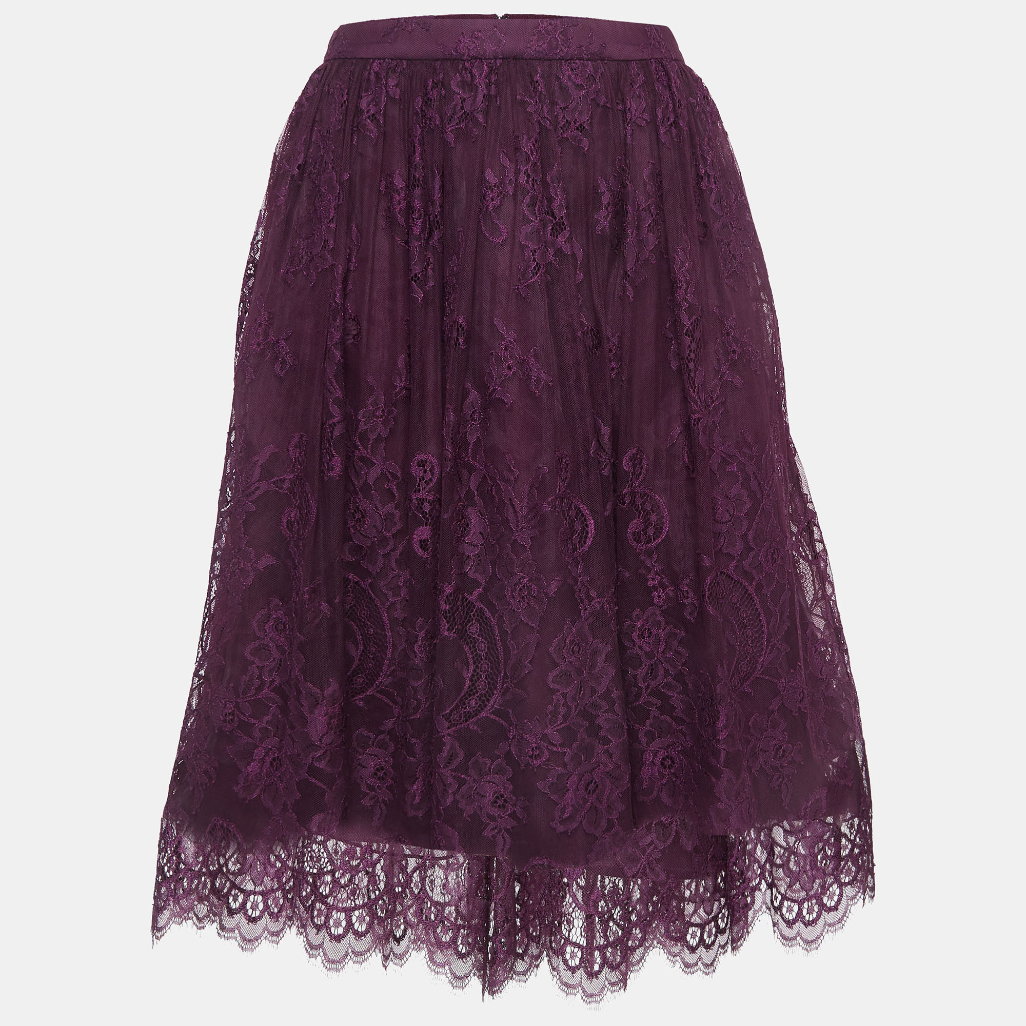 

Alice + Olivia Purple Floral Pattern Lace Gathered Midi Skirt