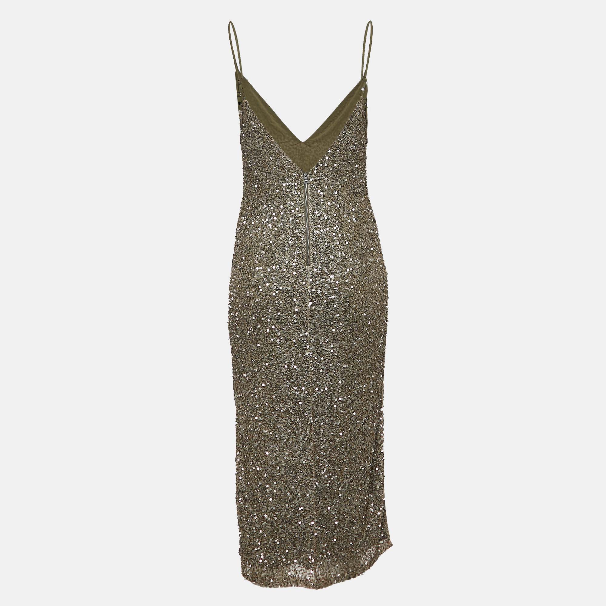 Alice + Olivia Green Sequin Embellished Nylon Mini Slip Dress M