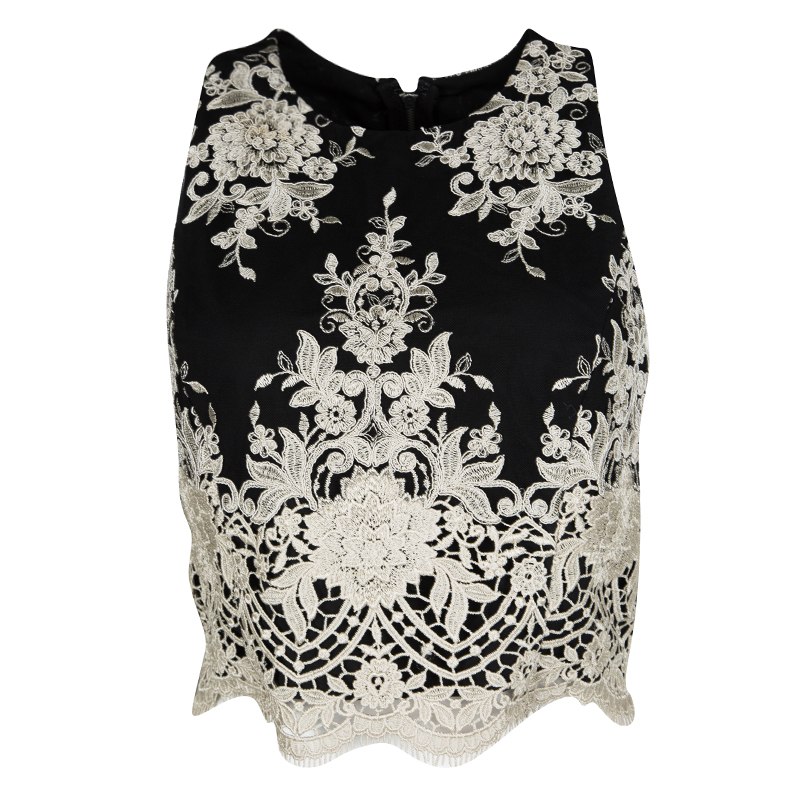 Image of Alice + Olivia Black Floral Embroidered Mesh Tru Crop Top M
