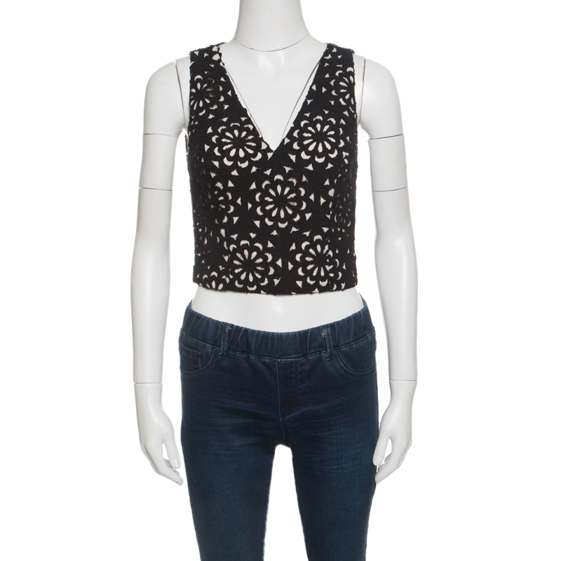 Image of Alice + Olivia Black Floral Laser Cut Sleeveless Lyla Crop Top S