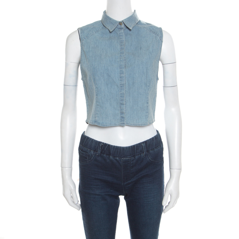 Image of Alice + Olivia Indigo Faded Effect Denim Sleeveless Lea Cropped Blouse S