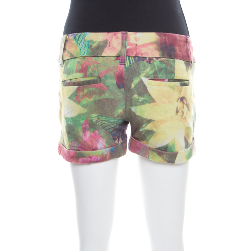 Alice + Olivia Multicolor Flower Printed Cotton Stretch Cuffed Hem Shorts XS