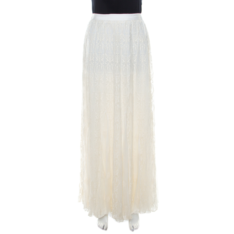 Image of Alice + Olivia Cream Floral Embroidered Plisse Silk Louie Maxi Skirt S