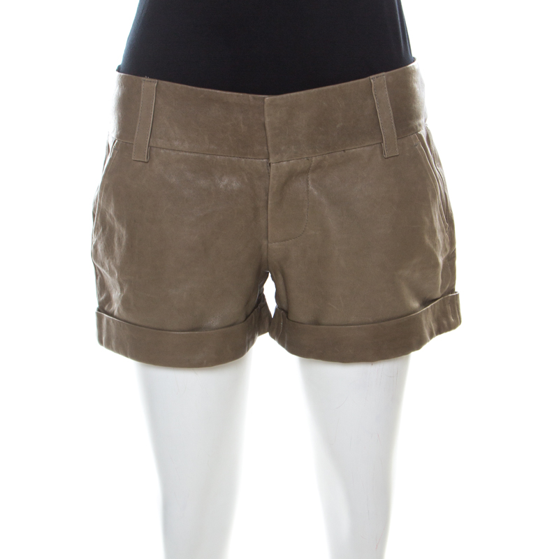 Image of Alice + Olivia Taupe Green Leather Cuffed Shorts S