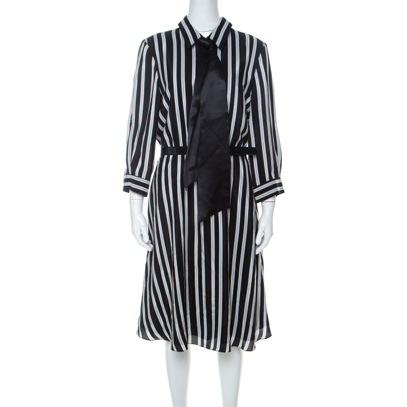 Image of Alice + Olivia Employed Monochrome Striped Silk Necktie Detail Belted Dress L