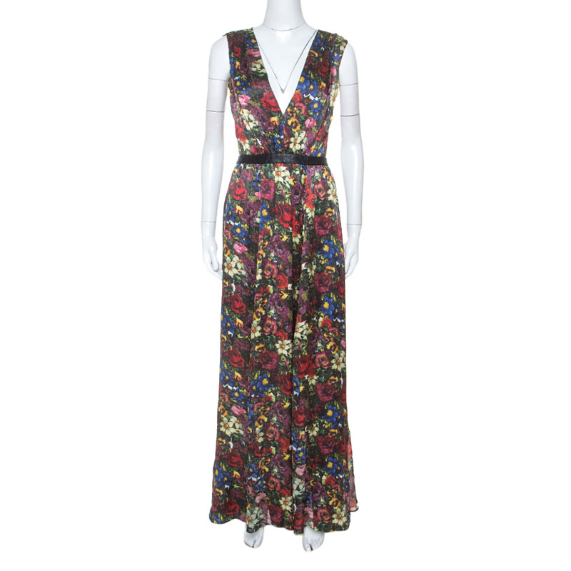 Image of Alice + Olivia Multicolor Floral Print Silk Triss Maxi Dress M