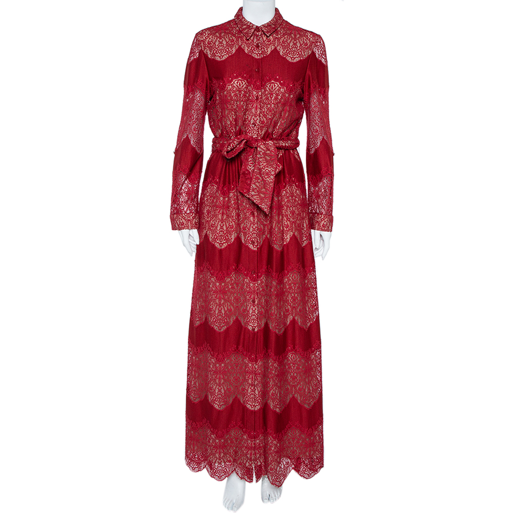 Image of Alice + Olivia Red Floral Guipure Lace Maxi Shirt Dress M