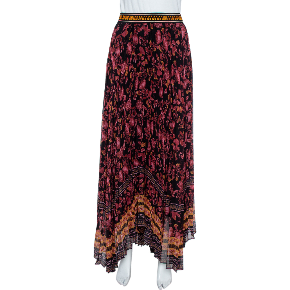 Image of Alice + Olivia Multicolor Silk Chiffon Katz Floral Print Pleated Maxi Skirt XL