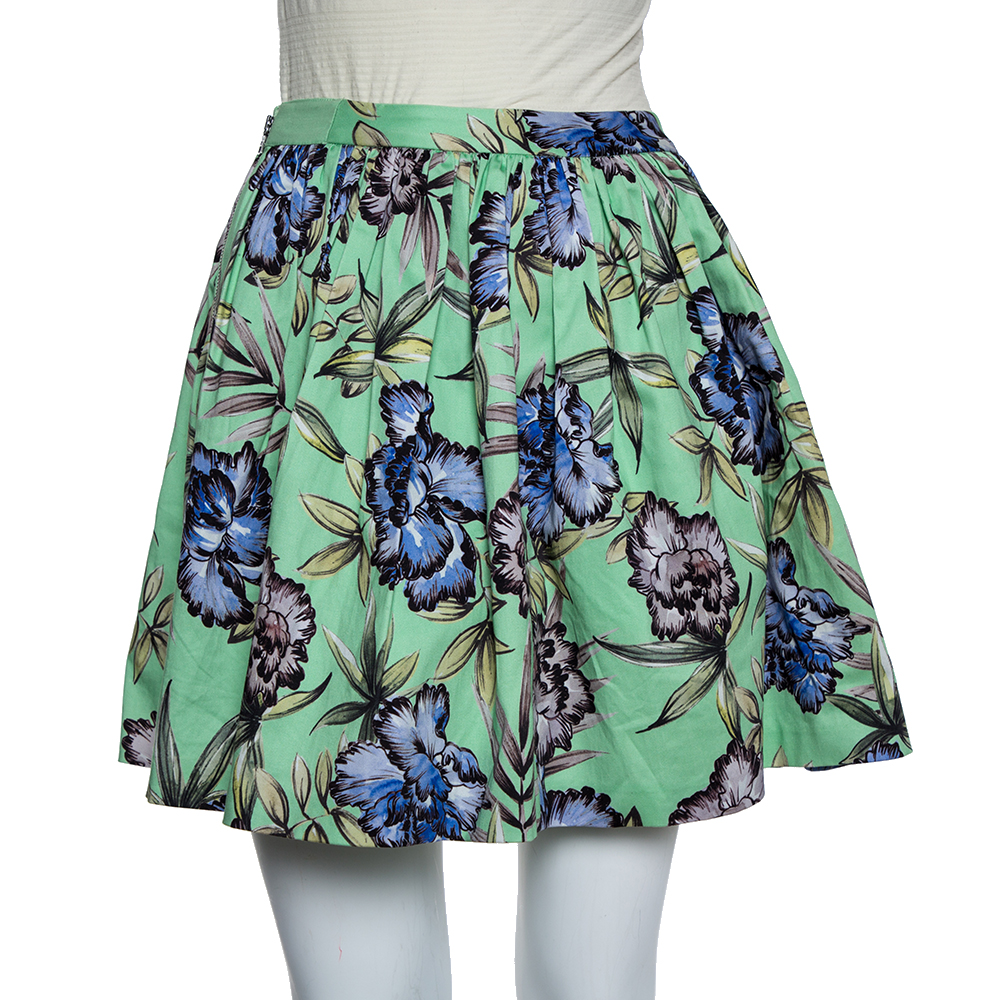 Alice +Olivia Green Floral Printed Cotton Pleated Tania Skirt S