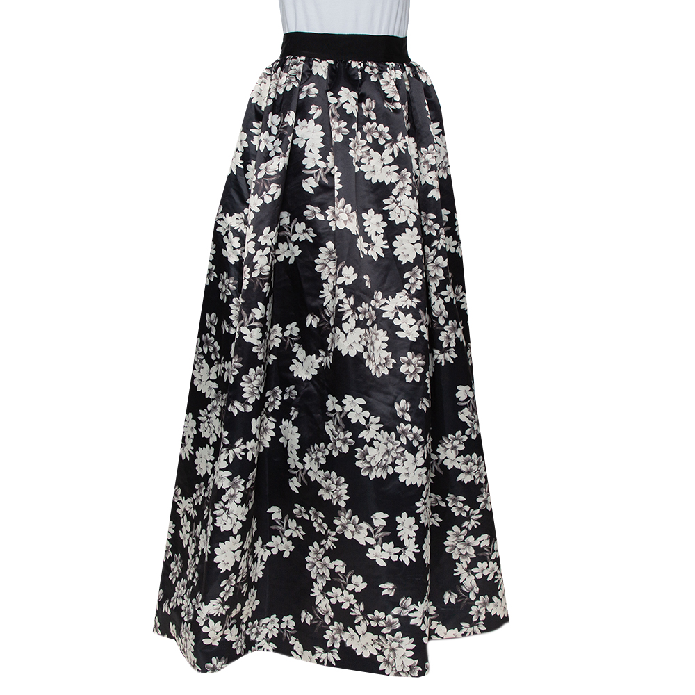 Alice + Olivia Black Floral Printed Satin Tina Maxi Skirt S