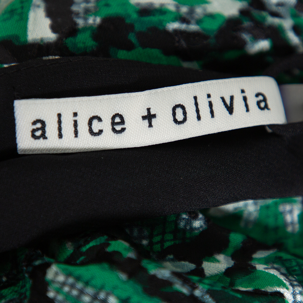 Alice + Olivia Green Animal Printed Devore Faux Wrap Choker Detail Top L