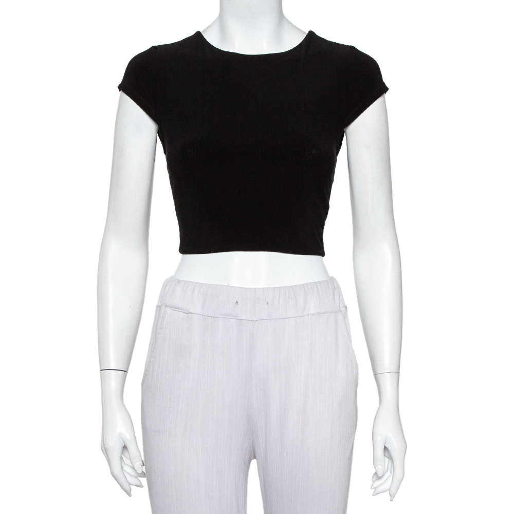 

Alice + Olivia Black Knit Back Open Detail Short Sleeve Crop Top