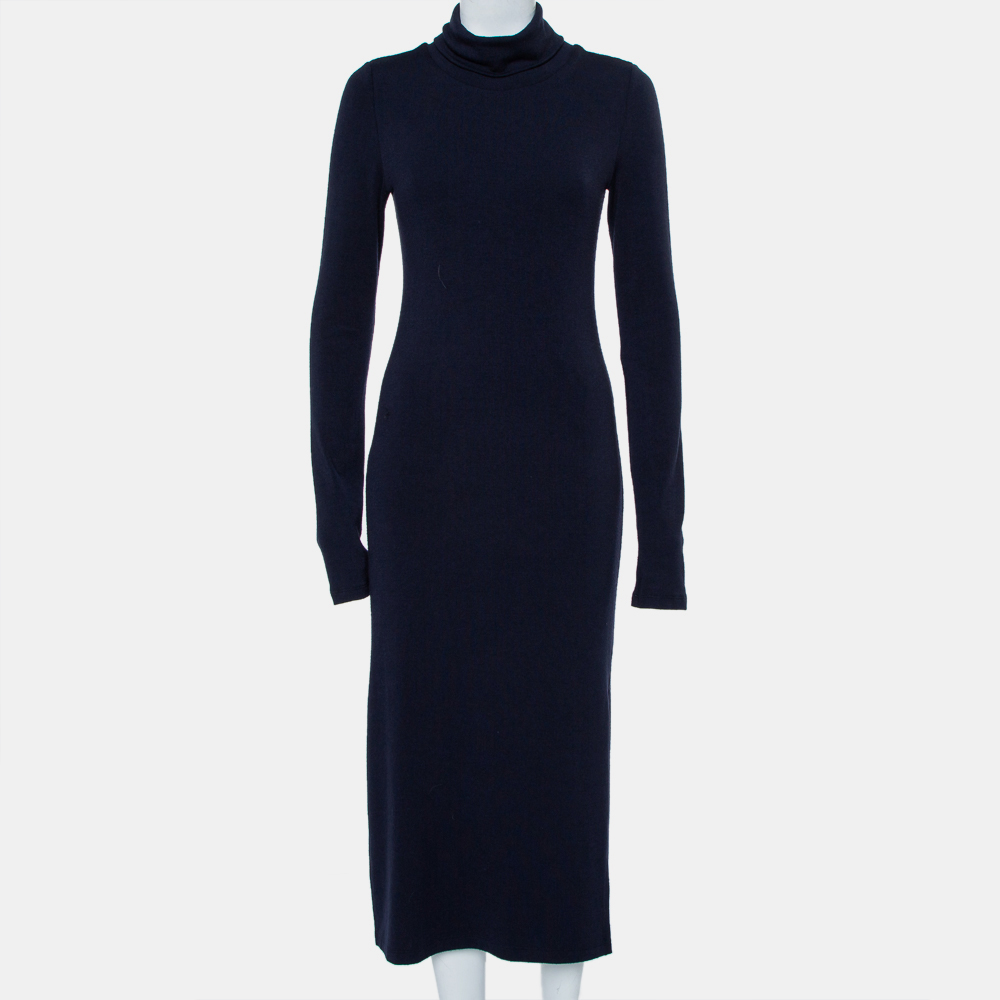 Alice + Olivia Navy Blue Knit Turtle Neck Long Sleeve Slit Detail Maxi Dress M