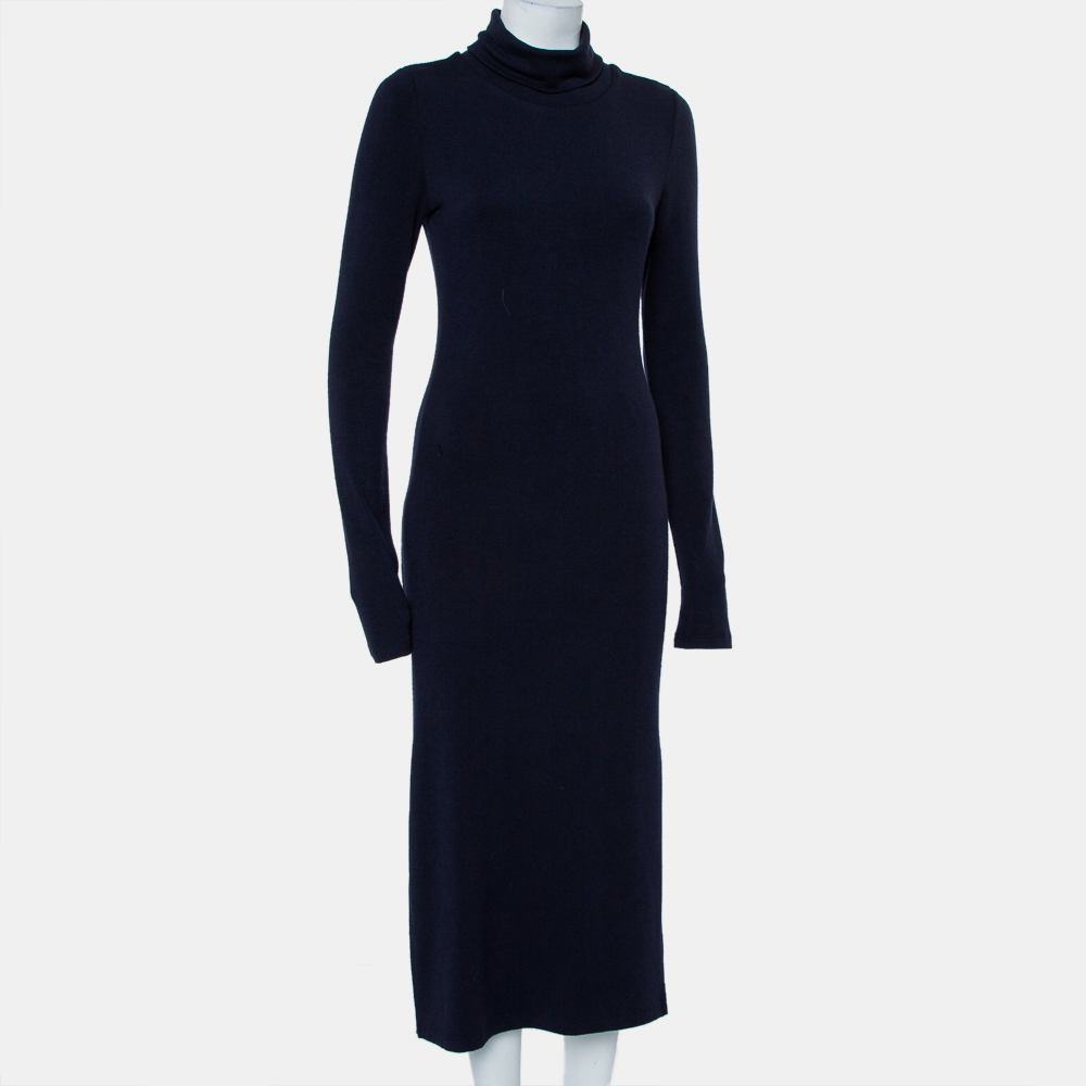 Alice + Olivia Navy Blue Knit Turtle Neck Long Sleeve Slit Detail Maxi Dress M