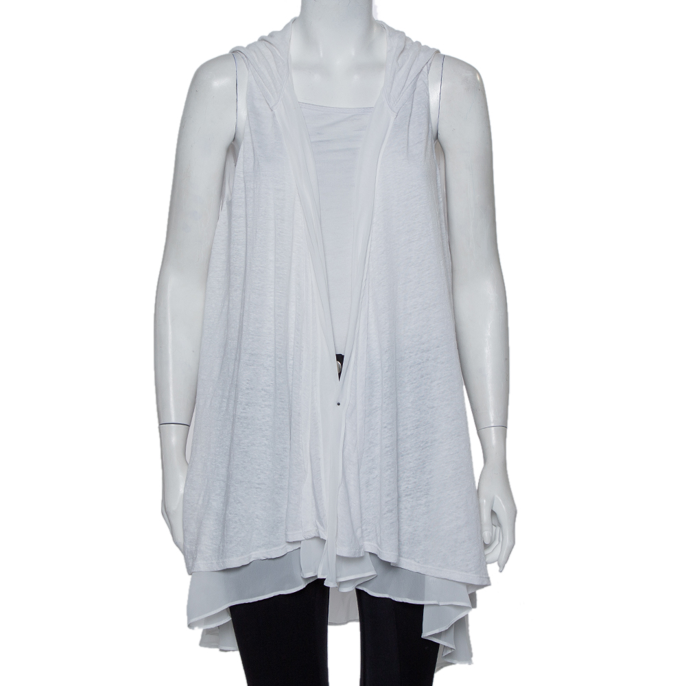 Alice & Olivia Air White Linen Hooded Open Front Layered Shrug L
